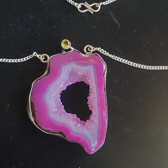 New Pink Agate Druzy & Citrine Silver Necklace. - Picture 2 of 16